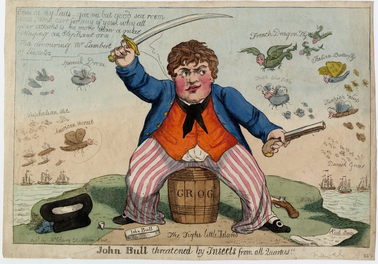 John Bull truet av insekter fra alle kanter, ca. 1813 (håndfarget etsning) av American School