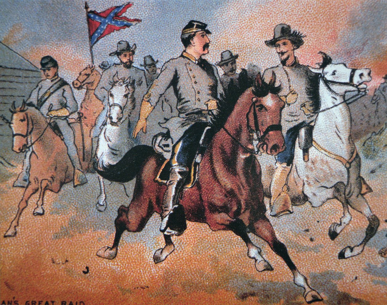 John Hunt Morgan (1825-64) og hans raid gjennom Kentucky (farge litho) av American School