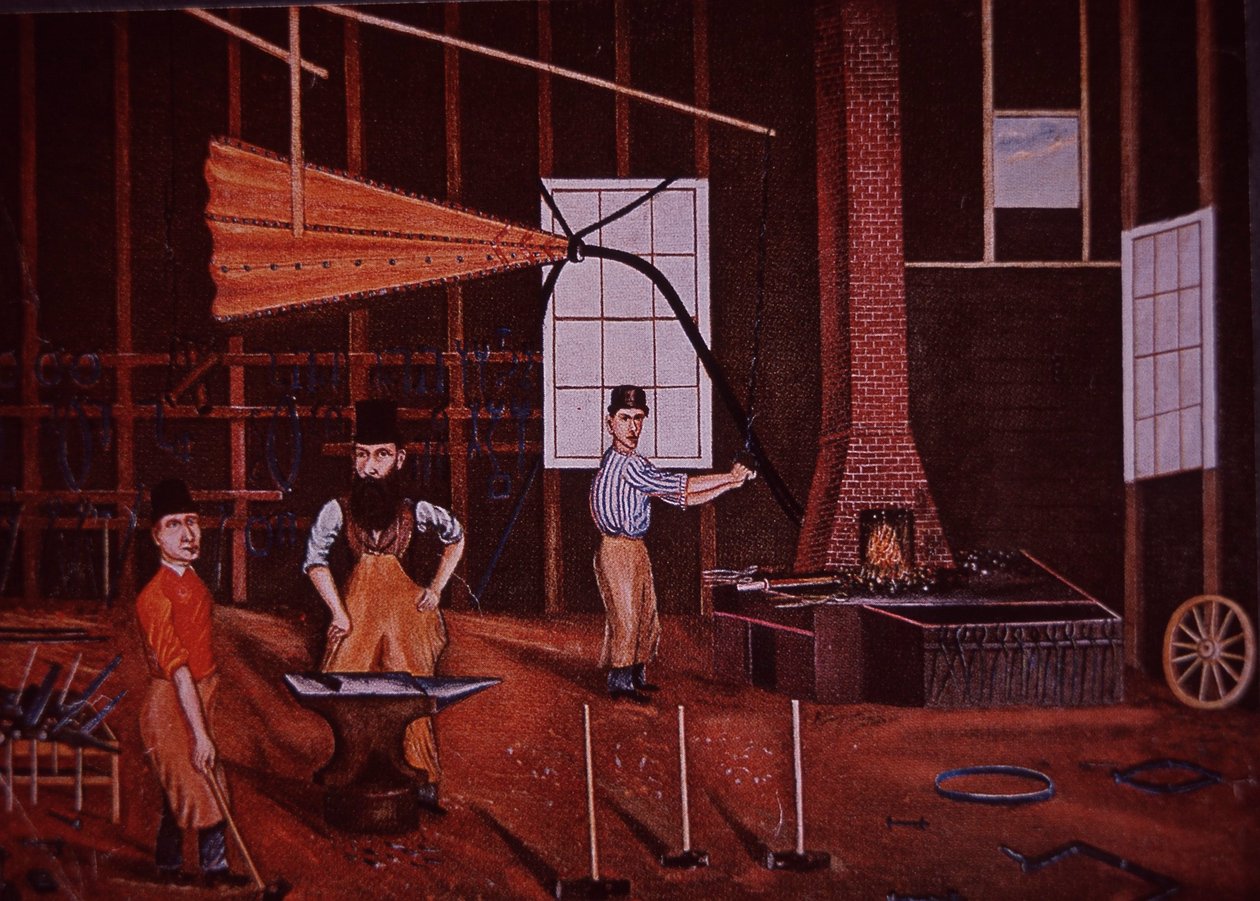 John Mohler Studebaker (i midten), tysk-amerikansk vognmaker i verksted, ca. 1858 (farge litho) av American School