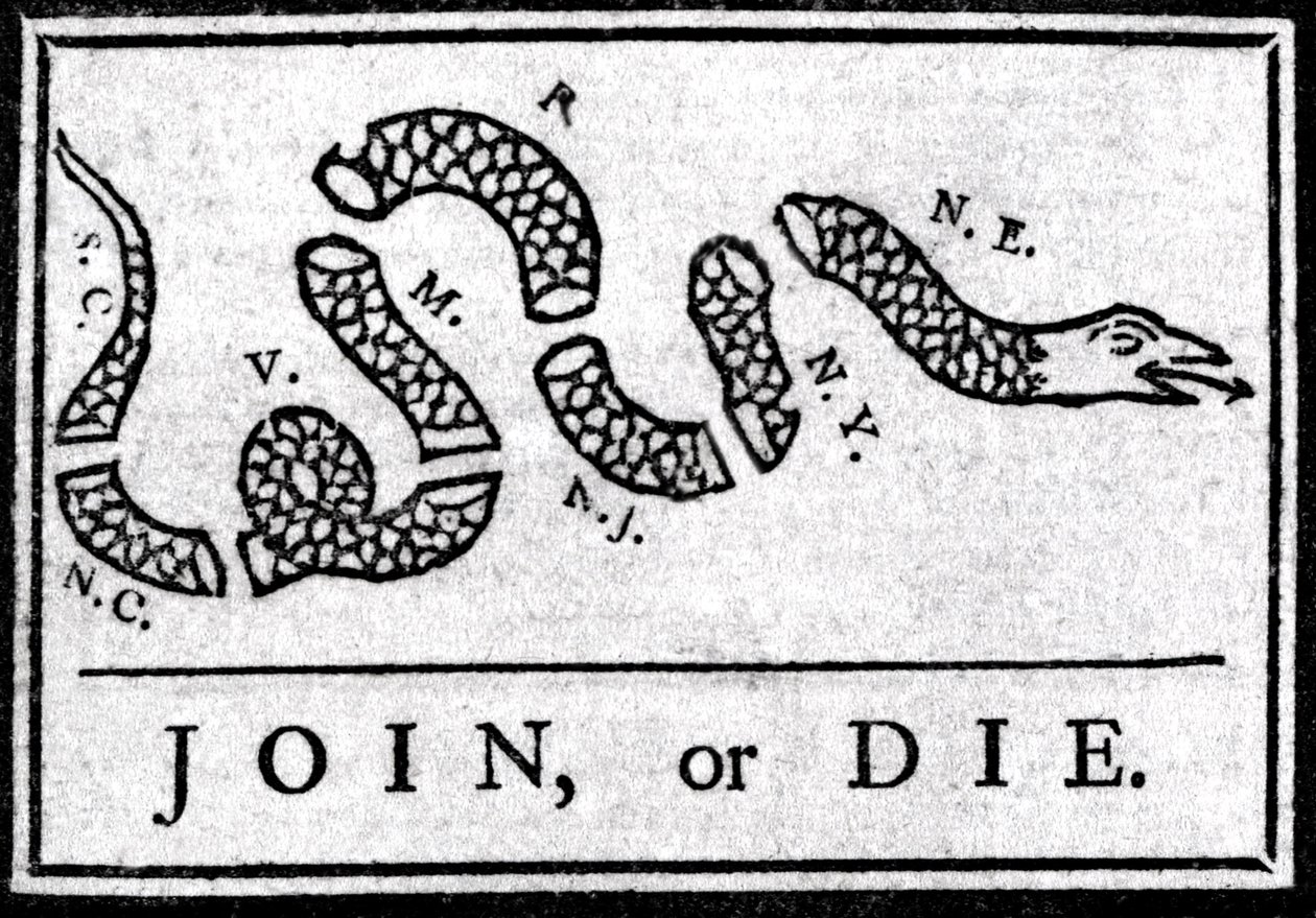 Join or Die, tegning, betrakter den første politiske tegneserien, publisert i "Pennsylvania", Gazette av Benjamin Franklin i 1754. Den representerer en slange delt inn i flere seksjoner med legenden "" Join or Die"". Dette er en appell til den 13 amerikans av American School
