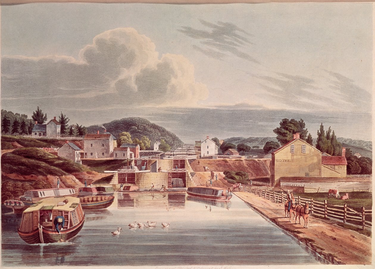 Krysset mellom Erie og Northern Canal, gravert av J. Hill, ca. 1830-32 av American School