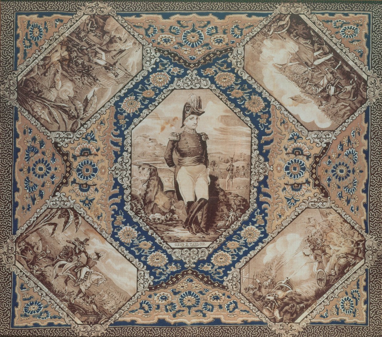 Tørkle med portrett av Zachary Taylor og slag i den meksikanske krigen (1846-8), 1848 (bomull) av American School