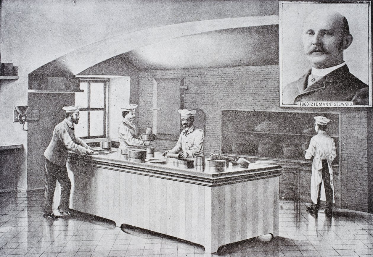Kjøkken i Det hvite hus på 1890-tallet, med innfelt portrett av Hugo Ziemann av American School