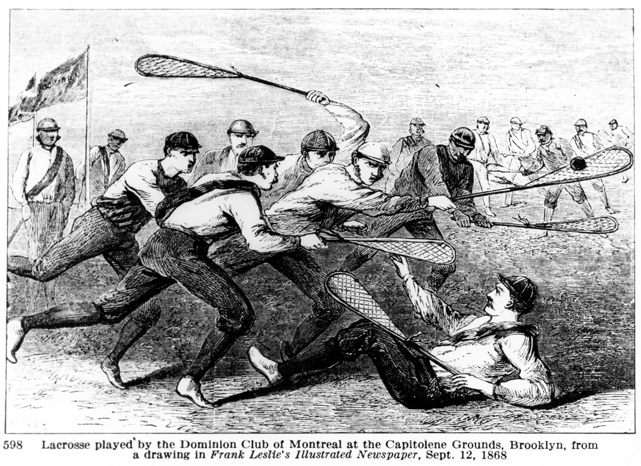 Lacrosse spilt av Dominion Club of Montreal på Capitoline Grounds, Brooklyn, fra en tegning i Frank Leslies Illustrated Newspaper av American School