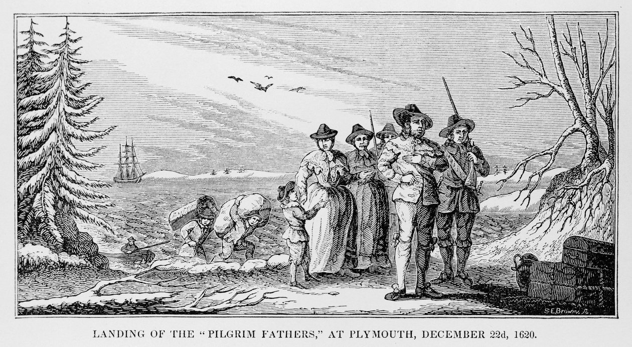 Landing of the Pilgrim Fathers i Plymouth på Cape Cod, Massachusetts, 22. desember 1620, trykt i History and Antiquity of New England, New York... 1842 av American School