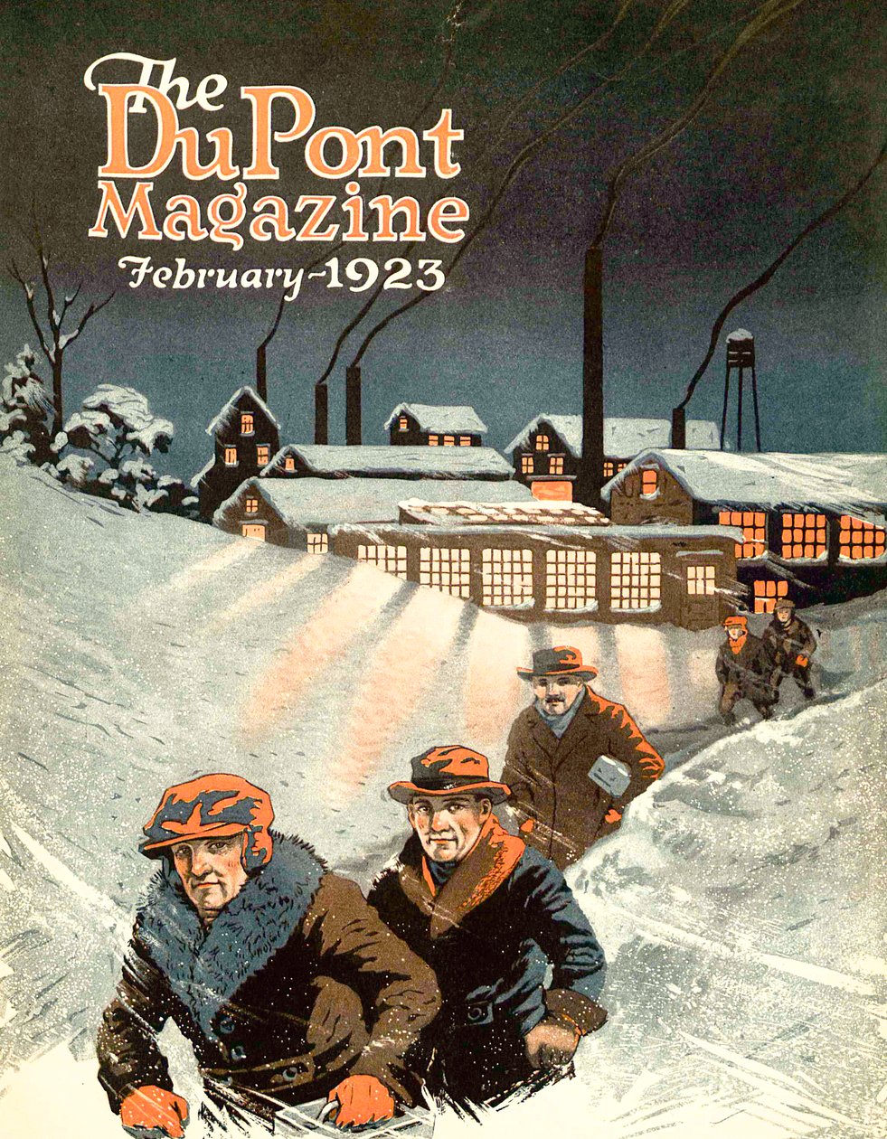 Forlater arbeidet i snøen, forsiden av DuPont Magazine, februar 1923 av American School
