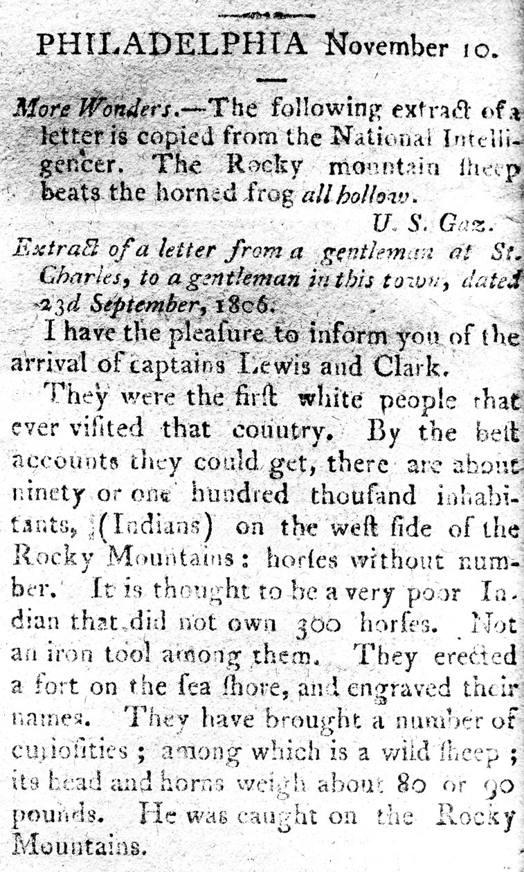 Brev som kunngjorde ankomsten av kapteinene Lewis og Clark, fra The Boston Intelligencer, 19. november 1806 (trykk) av American School