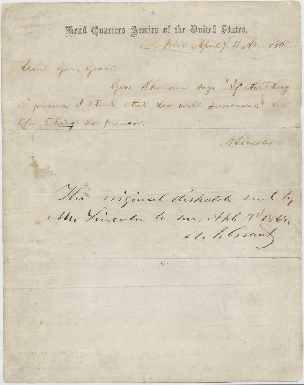 Brev fra Abraham Lincoln til general Ulysses S. Grant, 7. april 1865 av American School