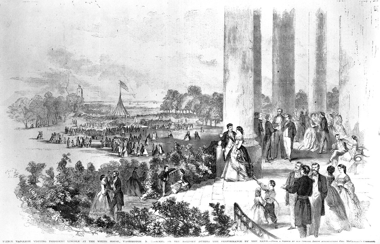 Lincolns mottakelse i Det hvite hus for keiser Napoleon (1808-73) fra Frank Leslies Illustrated Newspaper 17. august 1861 av American School