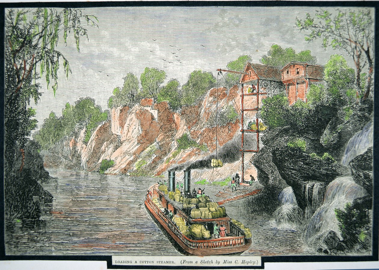 Laster dampbåten med bomullsballer fra en plantasje, ca. 1860 (farget gravering) av American School