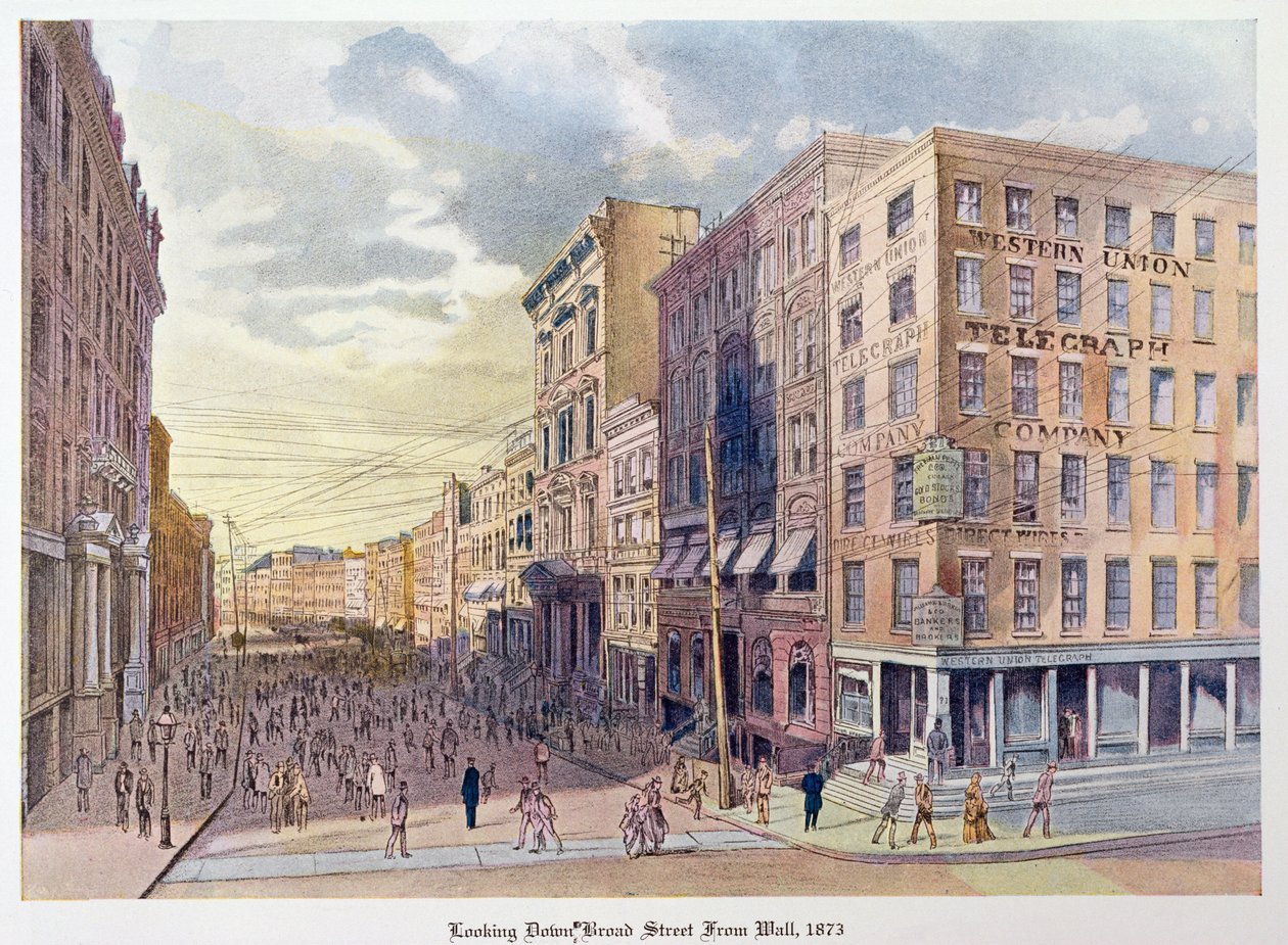 Ser nedover Broad Street fra Wall i 1873, illustrasjon fra Old New York, i går og i dag av Henry Collins Brown, 1922 av American School