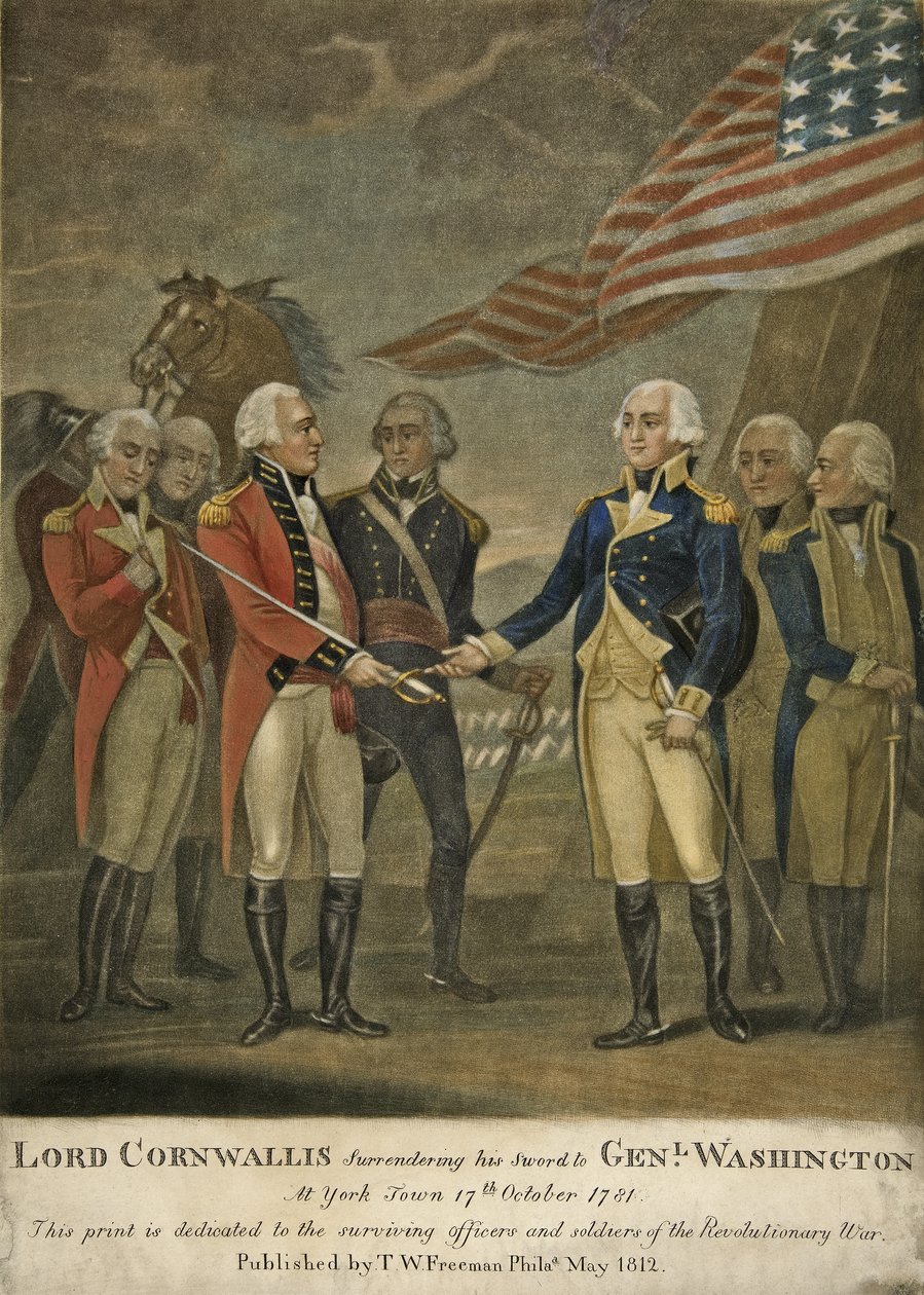 Lord Cornwallis overgir sitt sverd til genl. Washington i York Town av American School