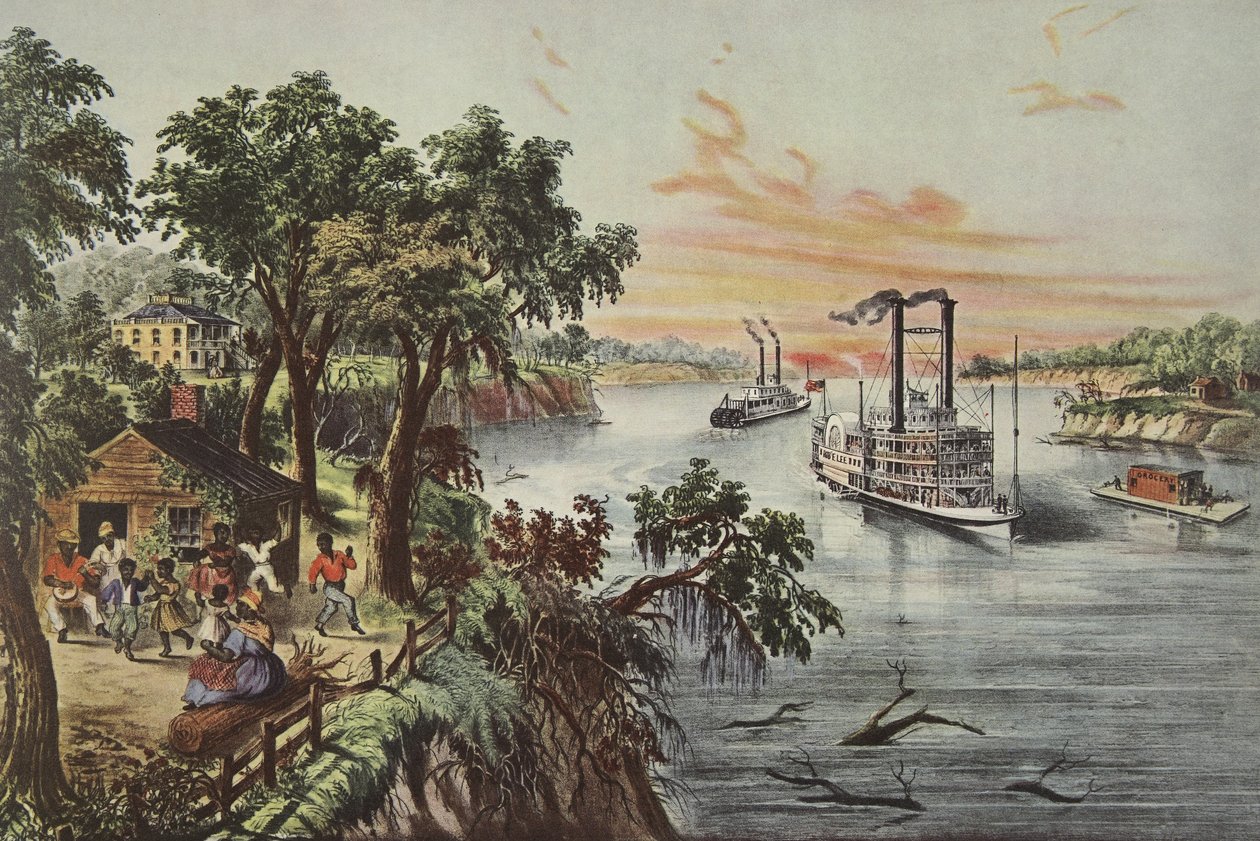 Lavt vann i Mississippi, pub. 1868, Currier & Ives (farge litho) av American School
