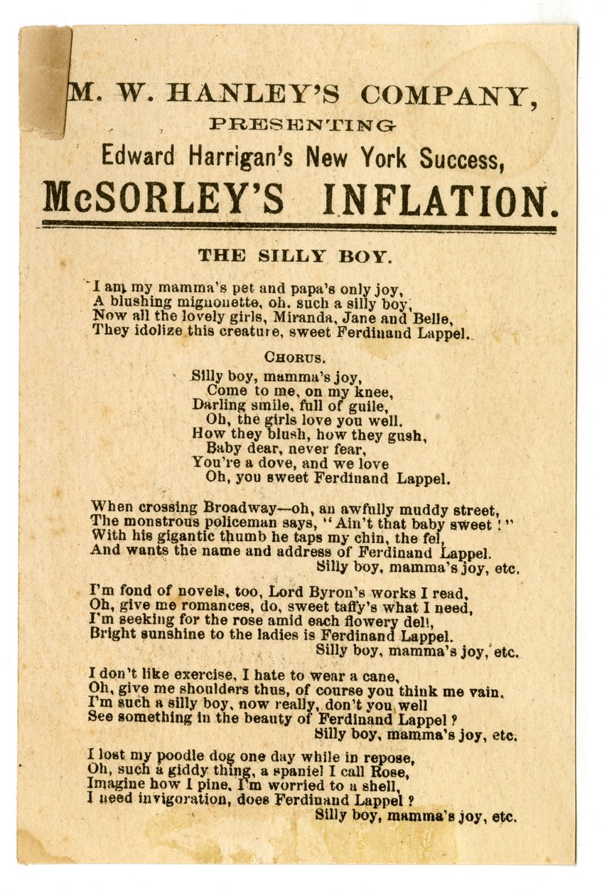 M.W. Hanleys Col presenterer Edward Harrigans siste N.Y. Success, McSorleys Inflation [teaterkort]. Verso, ca. 1882 (litografi [handelskort]) av American School