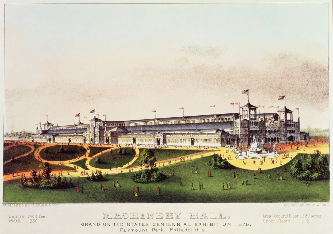 Machinery Hall, Grand United States Centennial Exhibition, Fairmount Park, utgitt av Nathaniel Currier (1813-88) og James Merritt Ives (1824-95), 1876 av American School