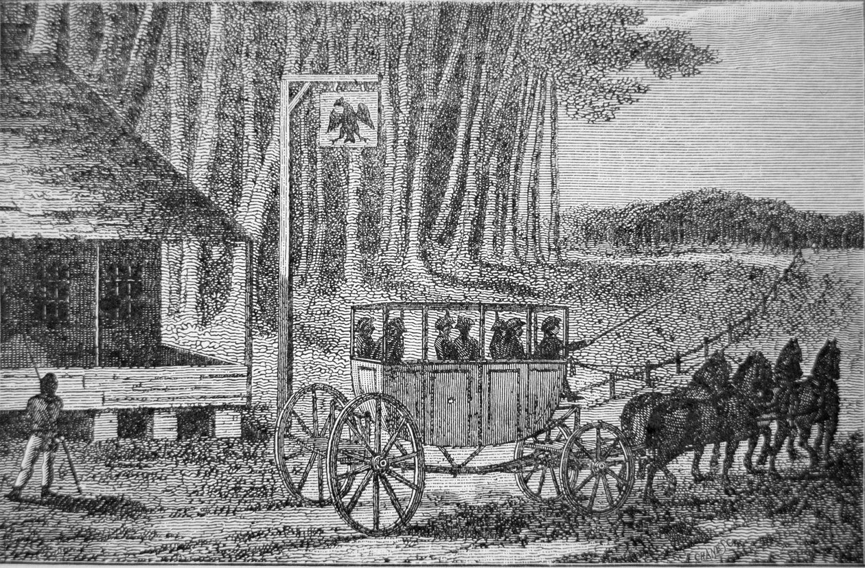 Mail Coach, illustrasjon fra 'Travels in North America' av Isaac Weld (1774-1856) 1795 (gravering) av American School