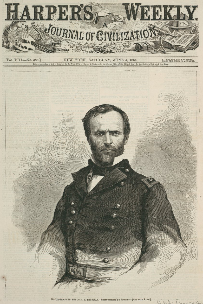 Generalmajor William T. Sherman, forsiden av Harpers Weekly, 1864 (tregravering) av American School