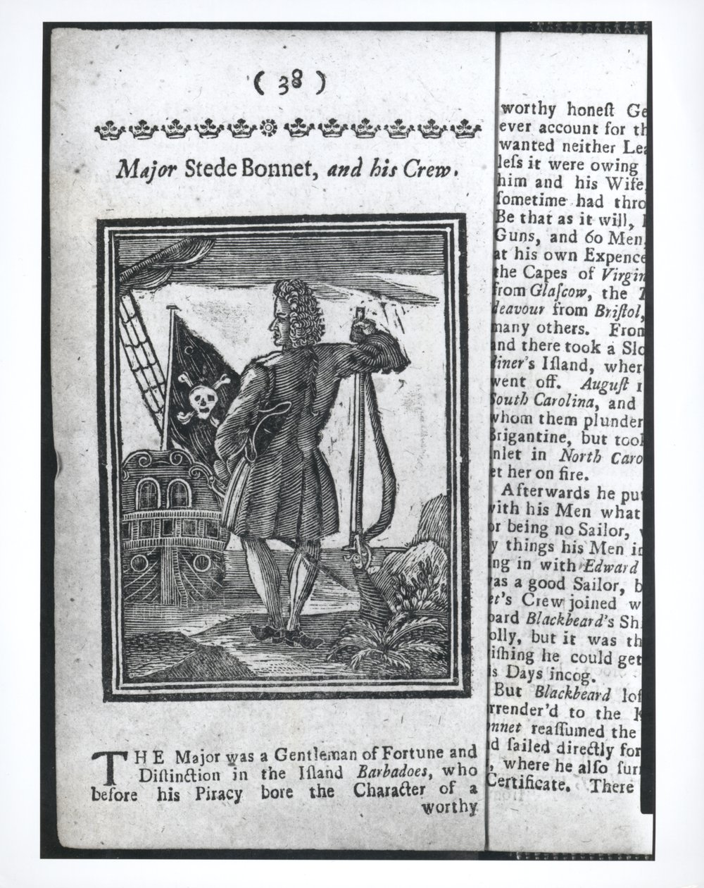 Major Stepe Bonnet, side 38 fra Historier og liv til alle de mest beryktede piratene og deres mannskaper, London, 1725 av American School