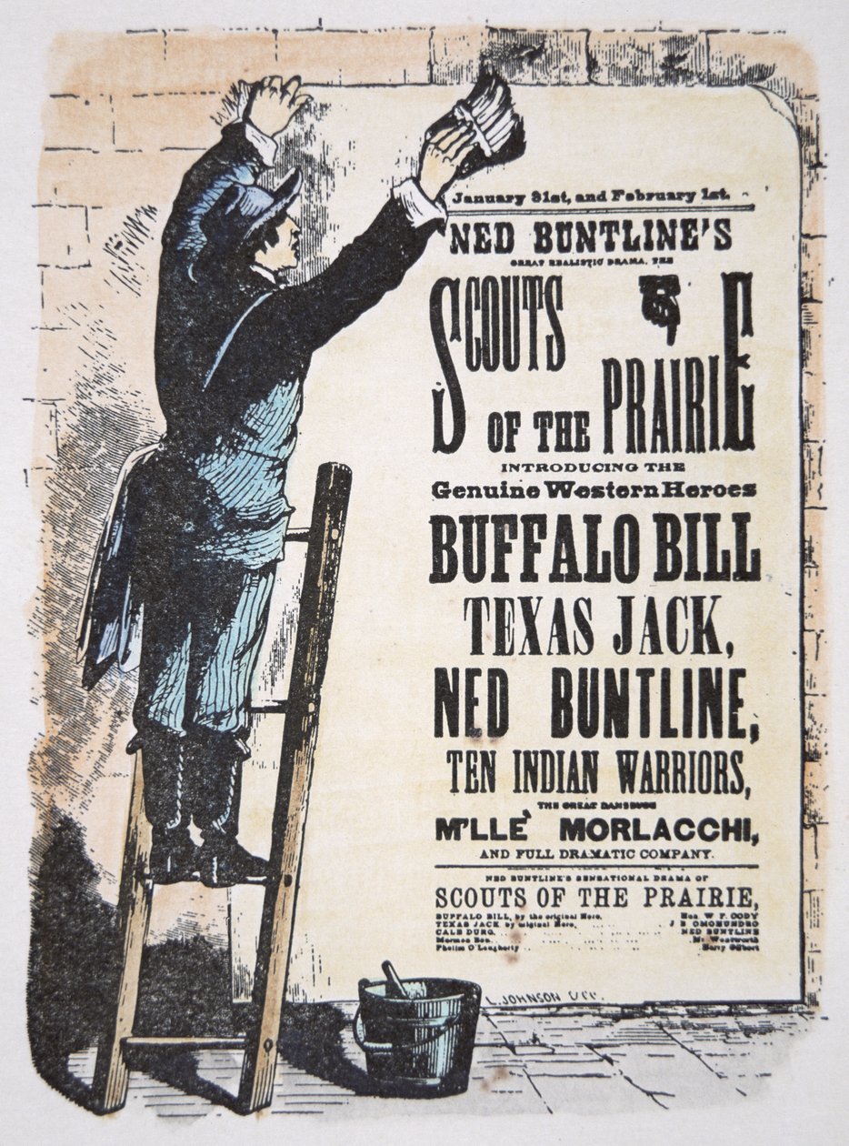 Mann som legger ut en teaterregning for «Scouts of the Prairie»-skuespillet med Buffalo Bill Cody (1846–1917) Texas Jack (1846–79) og Ned Buntline (1823–86) ca. 1874 (farget gravering) av American School