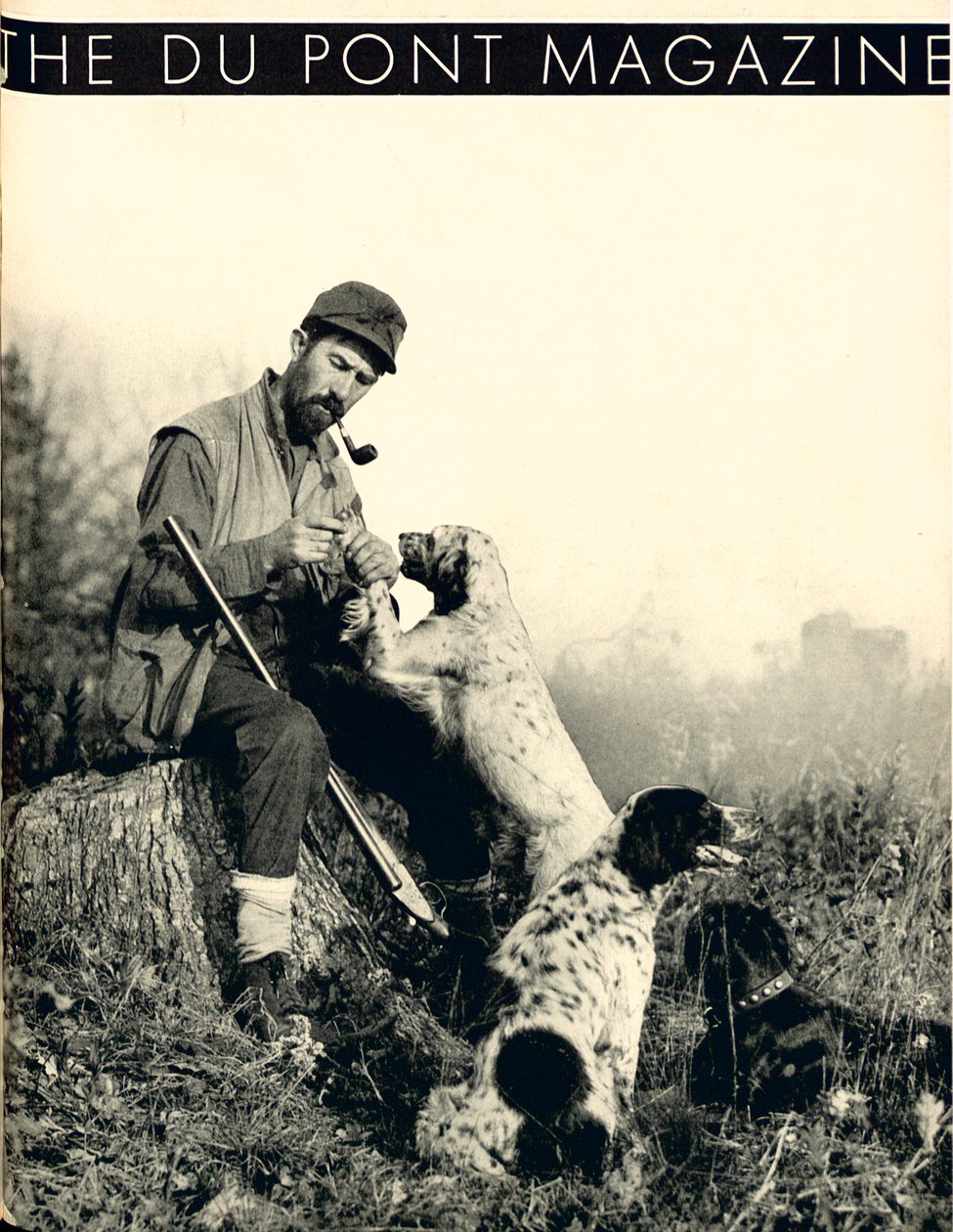 Mann med jakthunder, forside av DuPont Magazine, november 1934 av American School