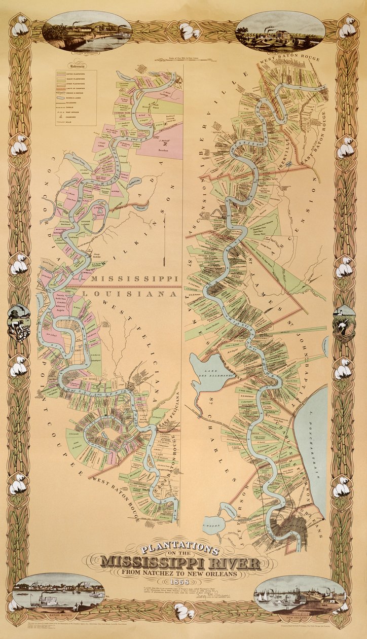 Kart som viser plantasjer ved Mississippi-elven fra Natchez til New Orleans, 1858 av American School