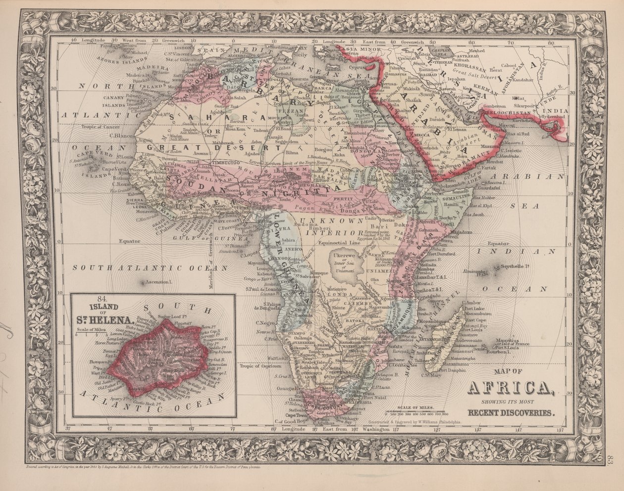 Kart over Afrika som viser de siste funnene med øya St. Helena innfelt fra Mitchells nye generelle atlas, 1863 (fargegravering) av American School