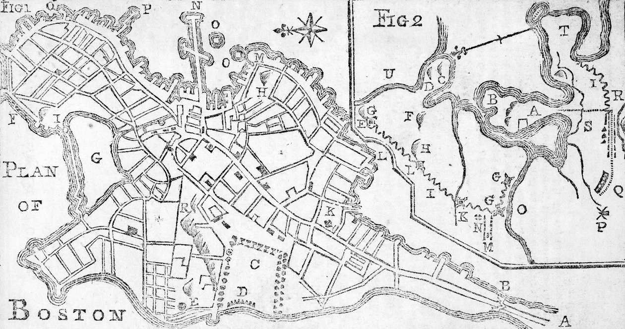 Kart over Boston, trykt i Bickerstaffs Albany Almanack, 1776 (trykk) av American School