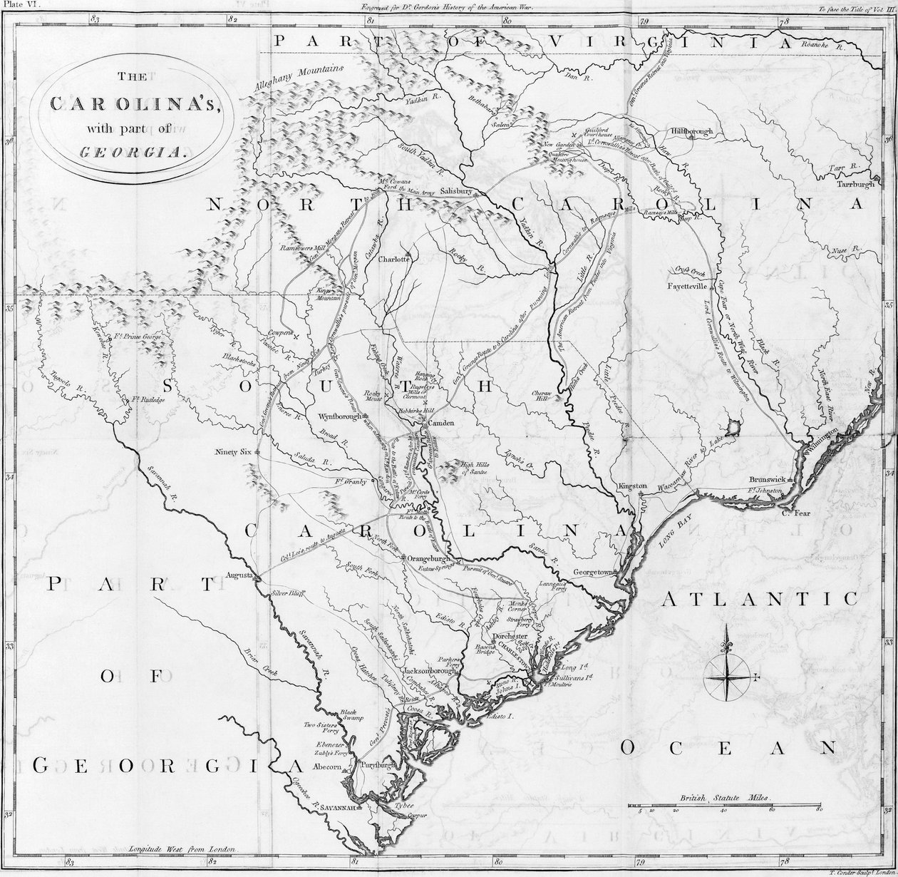 Kart over Carolinas med en del av Georgia av American School