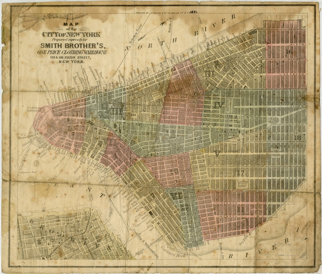Kart over byen New York: utarbeidet eksplisitt for Smith Brother?s, en pris kleslager... utarbeidet av J.H. Colton & Co., 1854-1869 (svart og farget blekk på papir) av American School