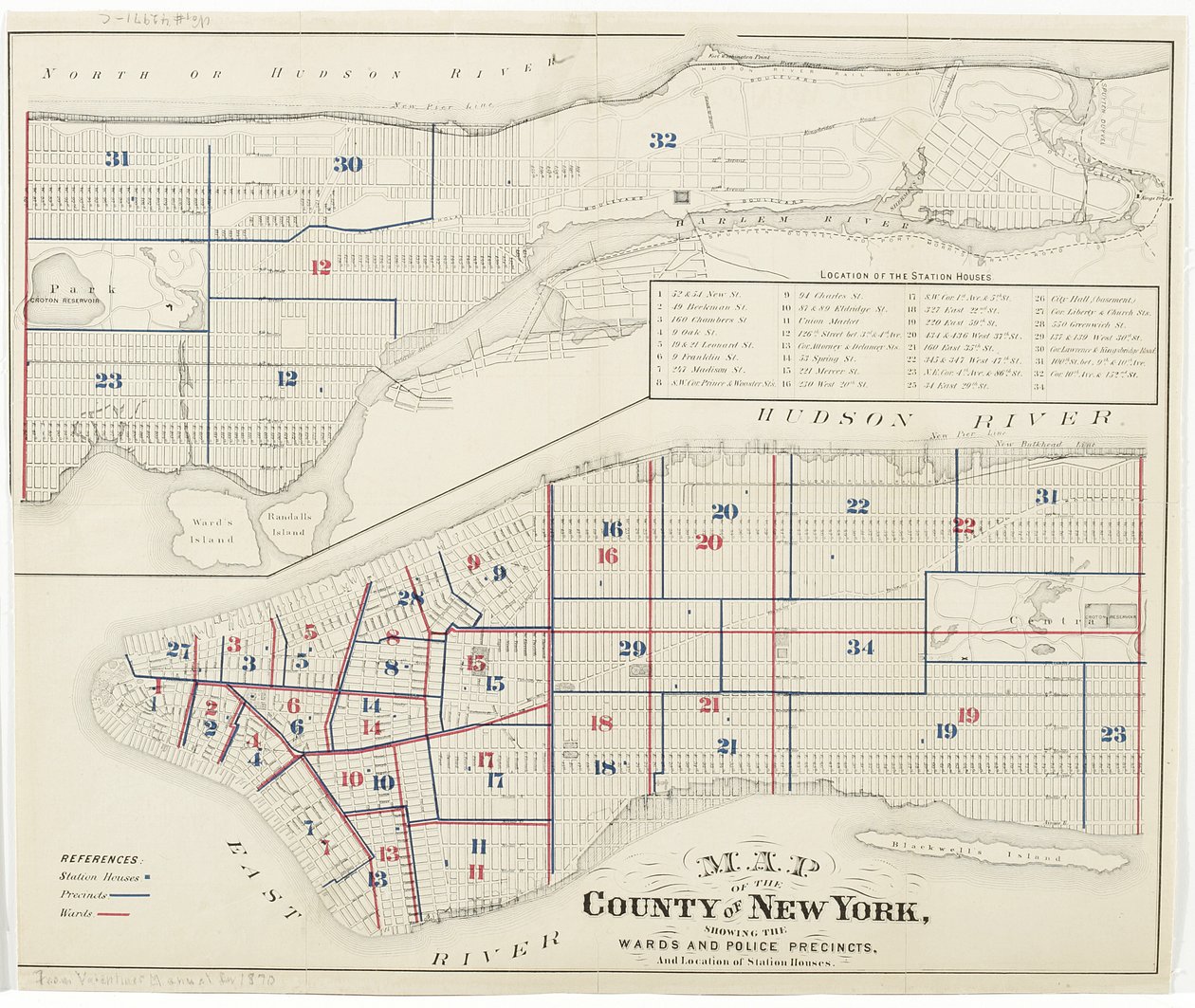 Kart over fylket New York, som viser avdelingene og politidistriktene, og plassering av stasjonshus., 1870 (blekk på papir) av American School