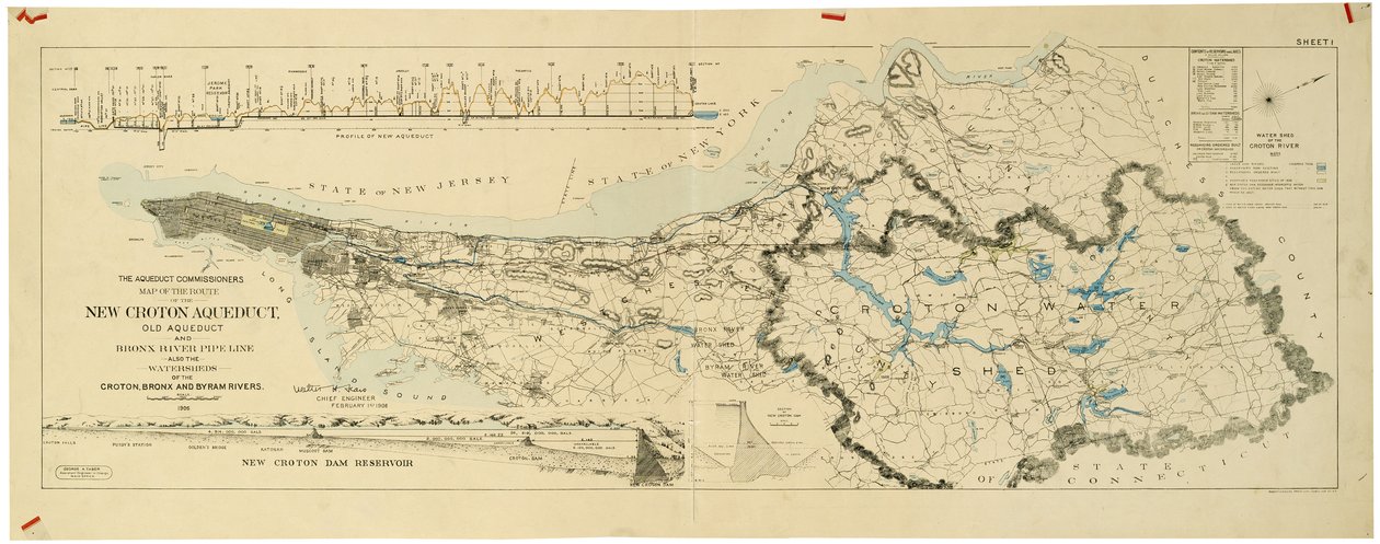 Kart over den nye Croton-akvedukten, den gamle akvedukten og Bronx River-rørledningen, også vannskillene til Croton, Bronx av American School