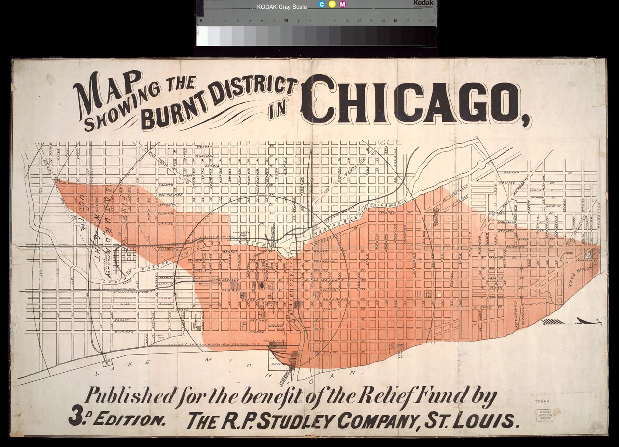 Kart som viser Burnt District i Chicago, ca. 1872 av American School