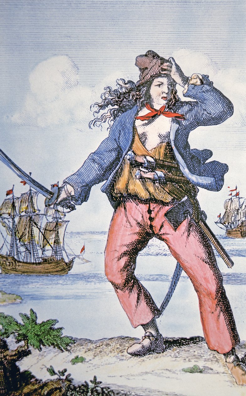 Mary Read, kvinnelig pirat (farget gravering) av American School