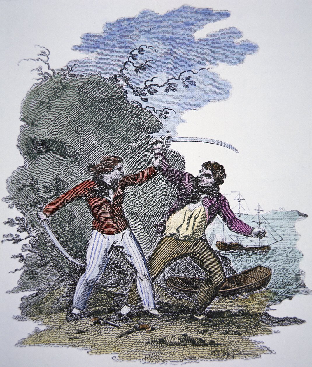 Mary Read kjemper mot en annen pirat for å redde livet til sin mannlige elsker (farget gravering) av American School
