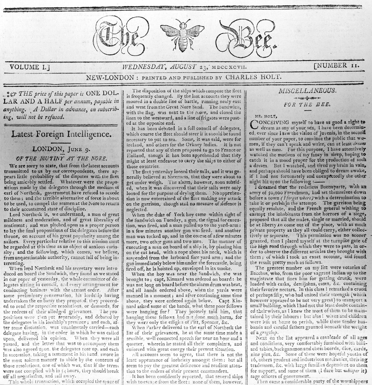 Masthead of The Bee, trykt 23. august 1797 (trykk) av American School