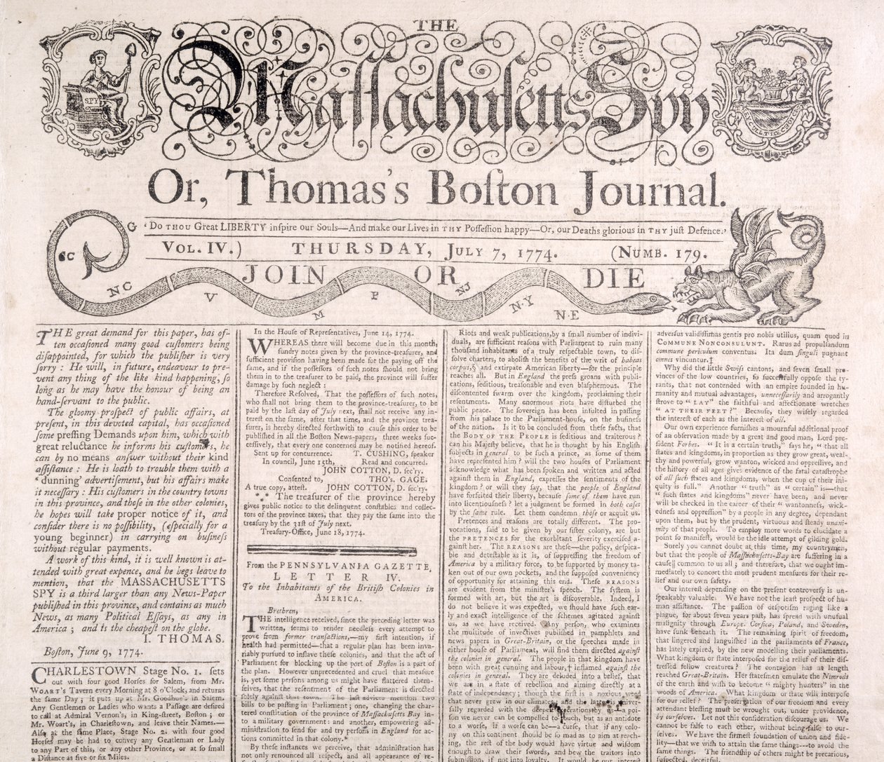 Masthead for Massachusetts Spy 7. juli 1774 (trykk) av American School