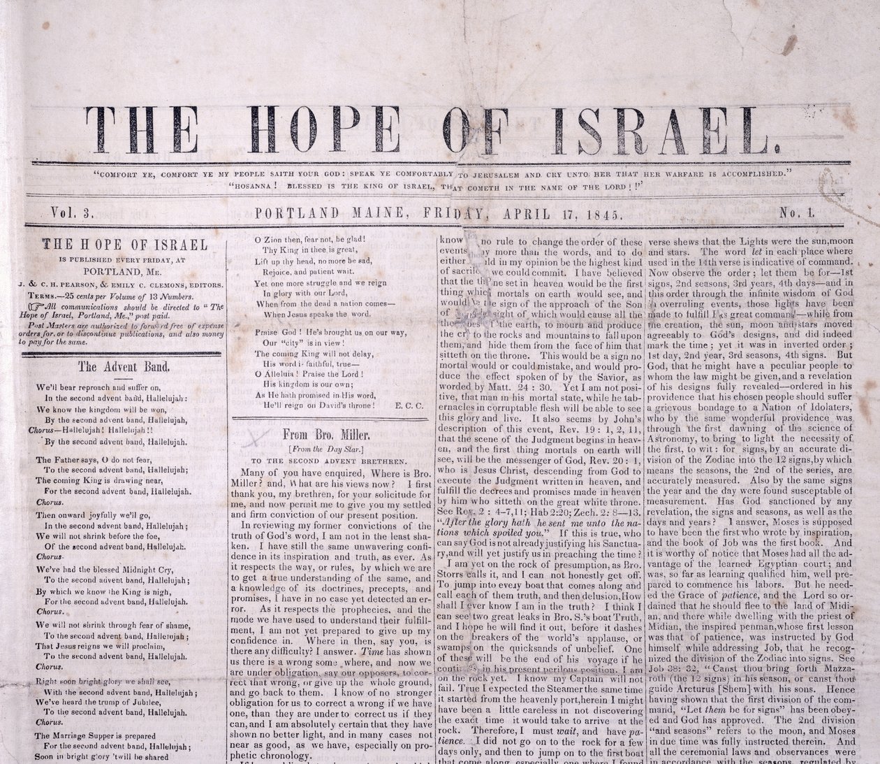 Masthode til The Hope of Israel, trykt Portland, Maine 17. april 1845 (trykk) av American School