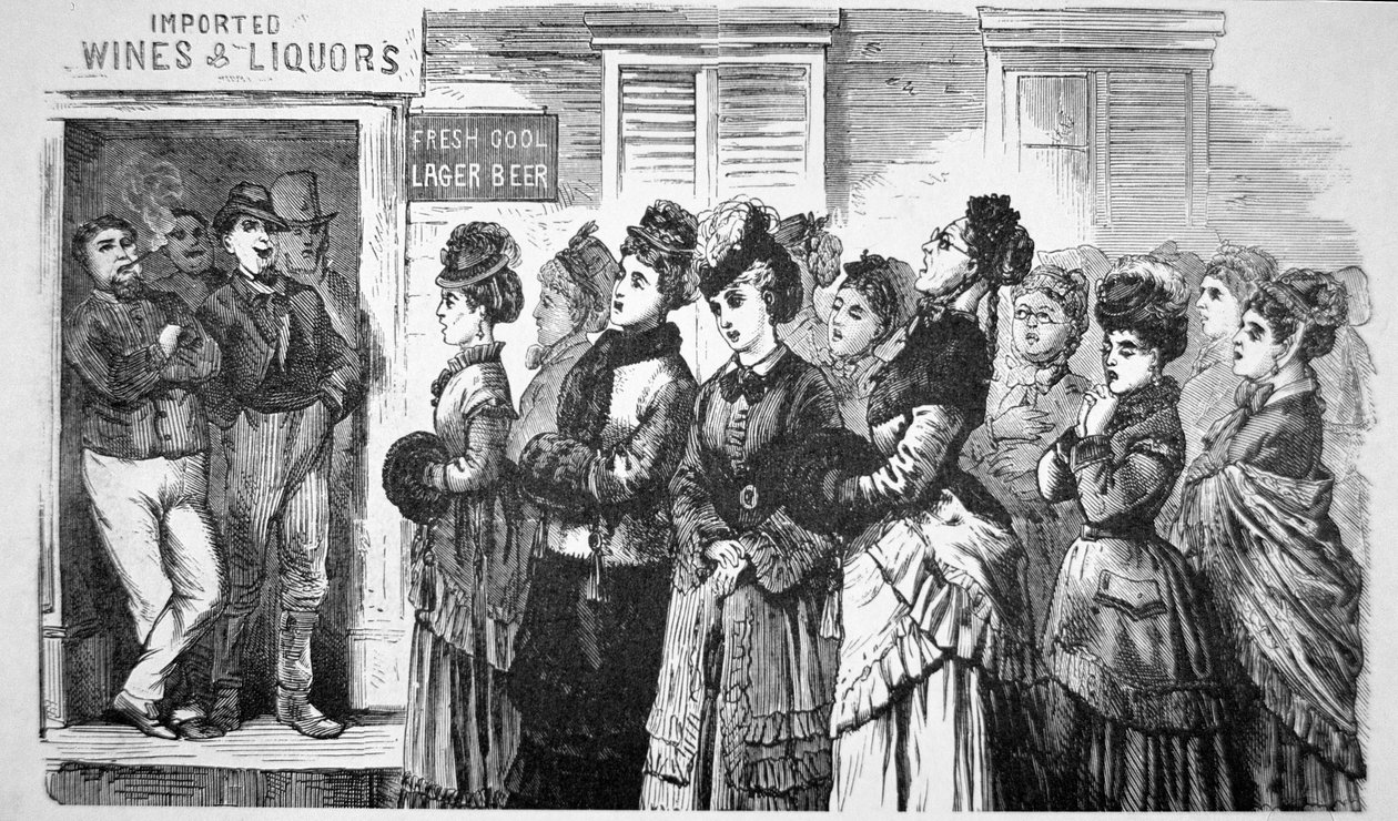 Medlemmer av National Christian Temperance Union synger salmer og ber for tapte sjeler i en salong av American School