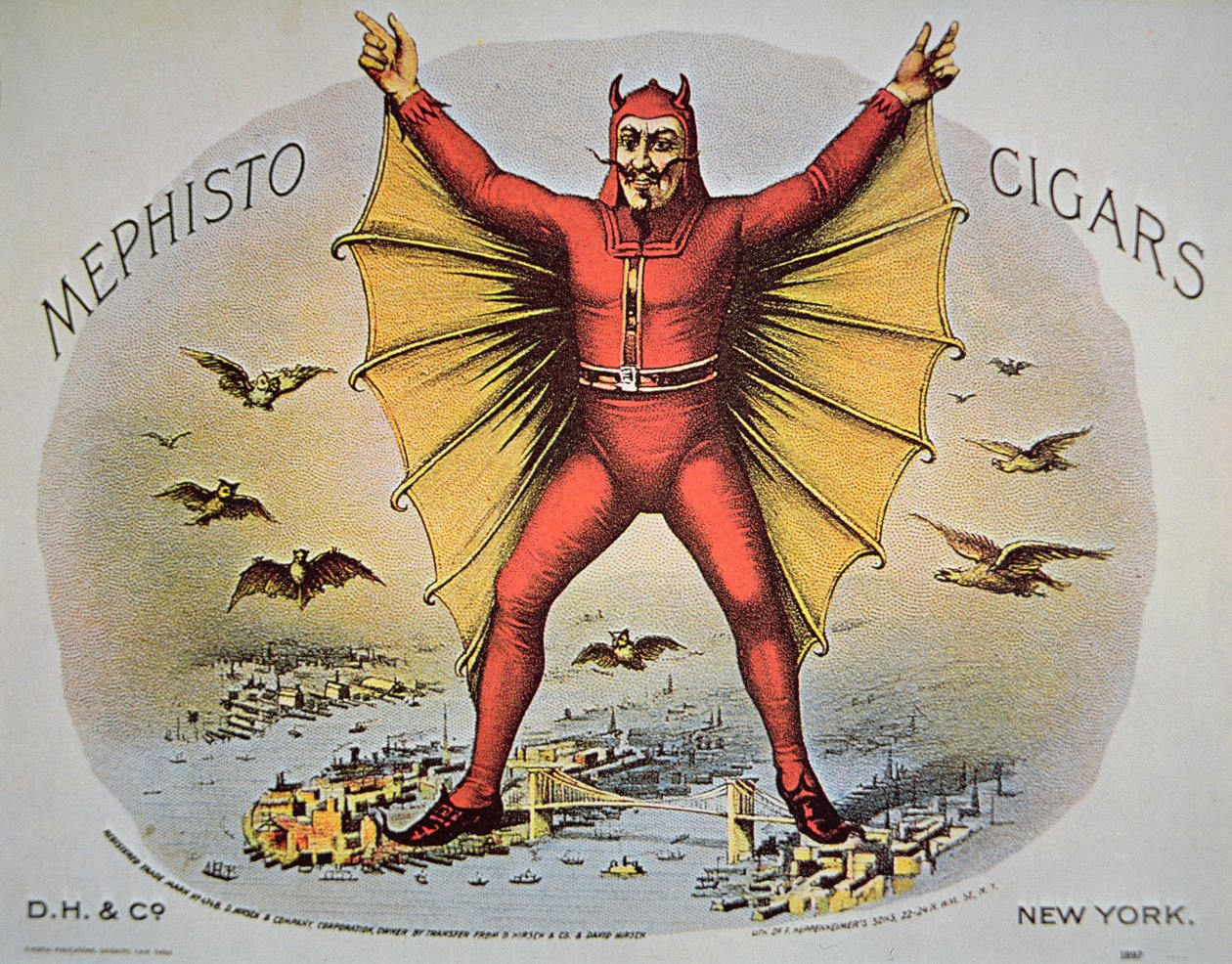 Mephisto Cigars-etikett, trykt av F. Heppenheimers sønner, New York av American School