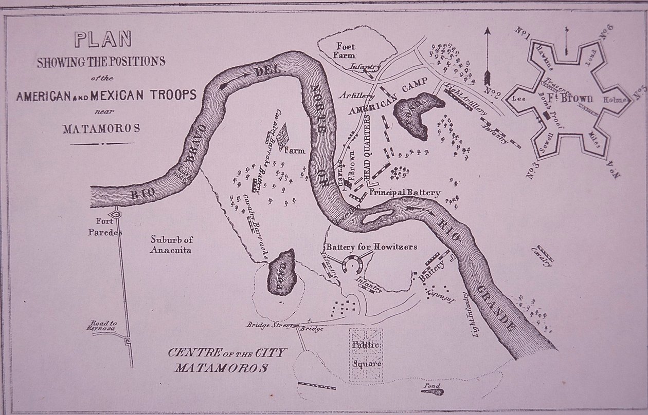Meksikansk-amerikansk krig (1846-48), kart over amerikanske tropper nær Rio Grande og Matamoros av American School