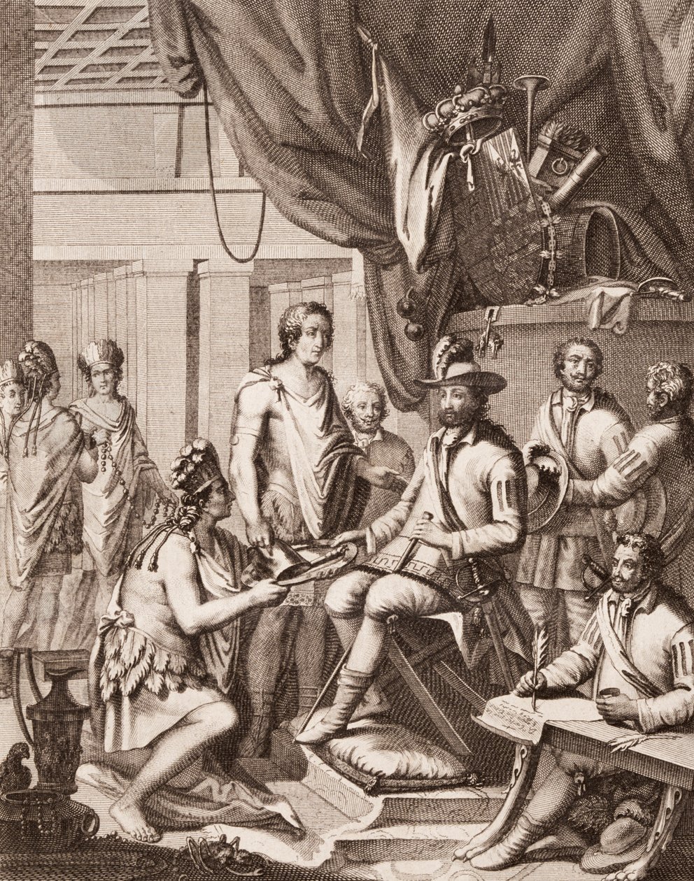 Montezuma overlater imperiet sitt til kongen av Spania, ga ham en hyllest og lover hans lydighet, fra Antonio de Solis y Rivadeneira Solis History of the Conquest of Mexico, gravert av Ximeno av American School