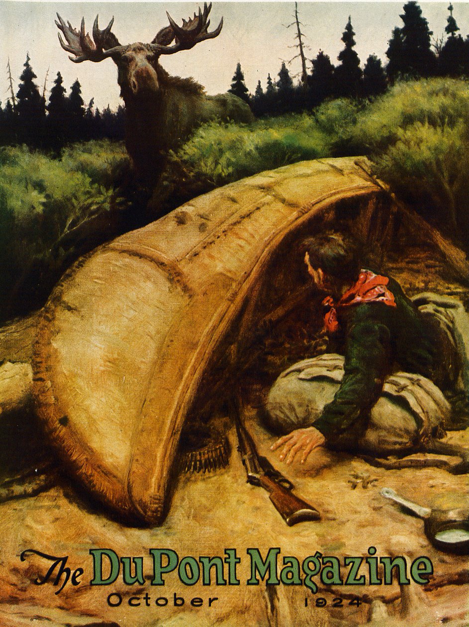 Moose attack!, forside av DuPont Magazine, oktober 1924 av American School