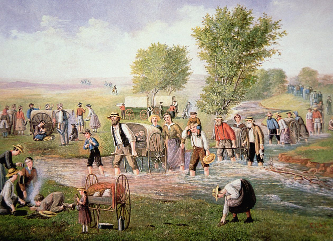 Mormonpionerer som trekker håndkjerrer på den lange reisen til Salt Lake City i 1856 (farge litho) av American School