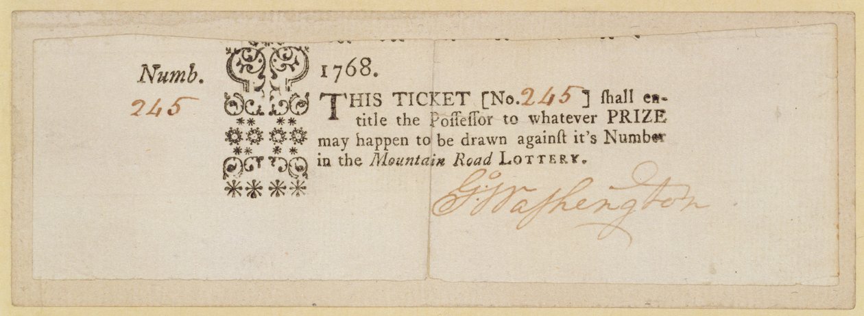 Mountain Road Lottery Ticket, signert av George Washington (1732-99) 1768 (blekk på papir) av American School