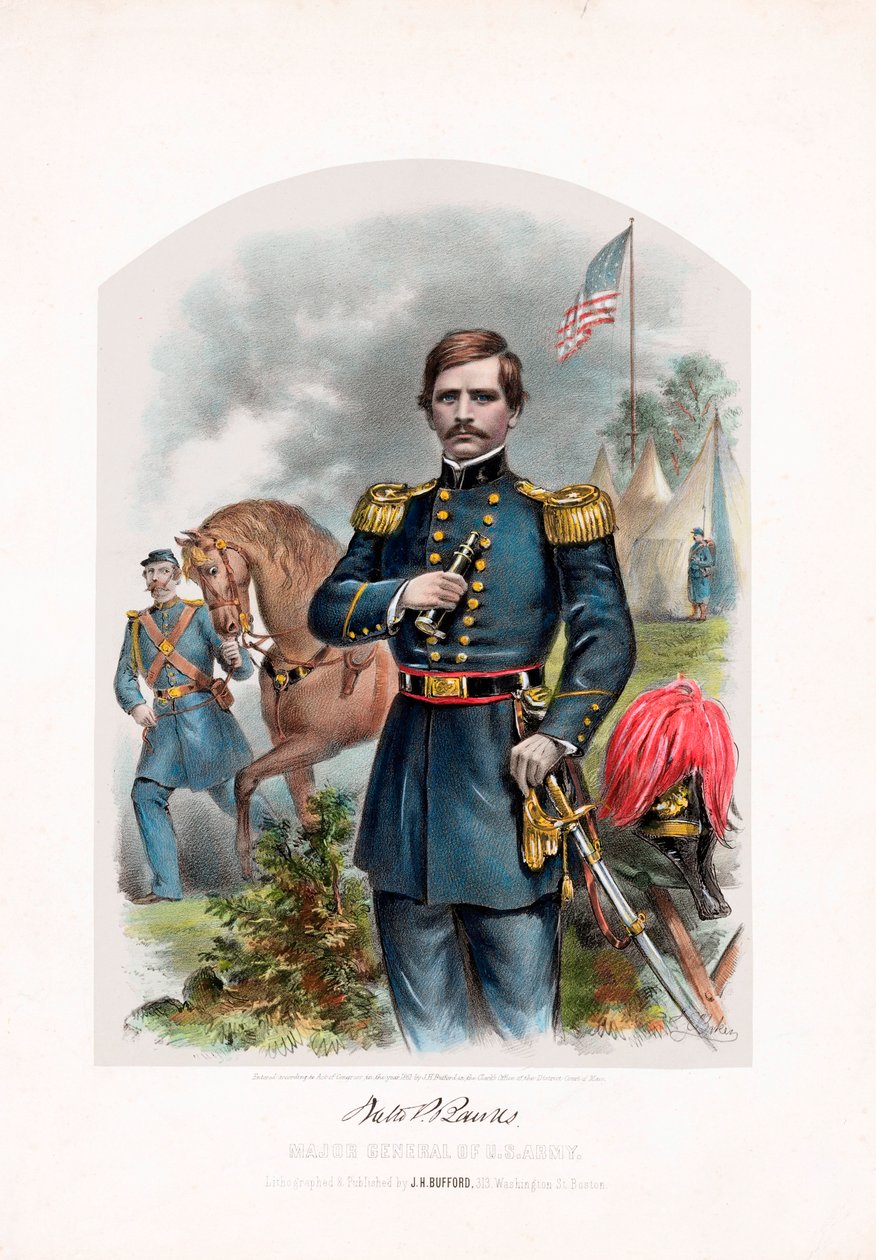 Nathaniel P. Banks, generalmajor i den amerikanske hæren, pub. 1861 fargelitografi av American School