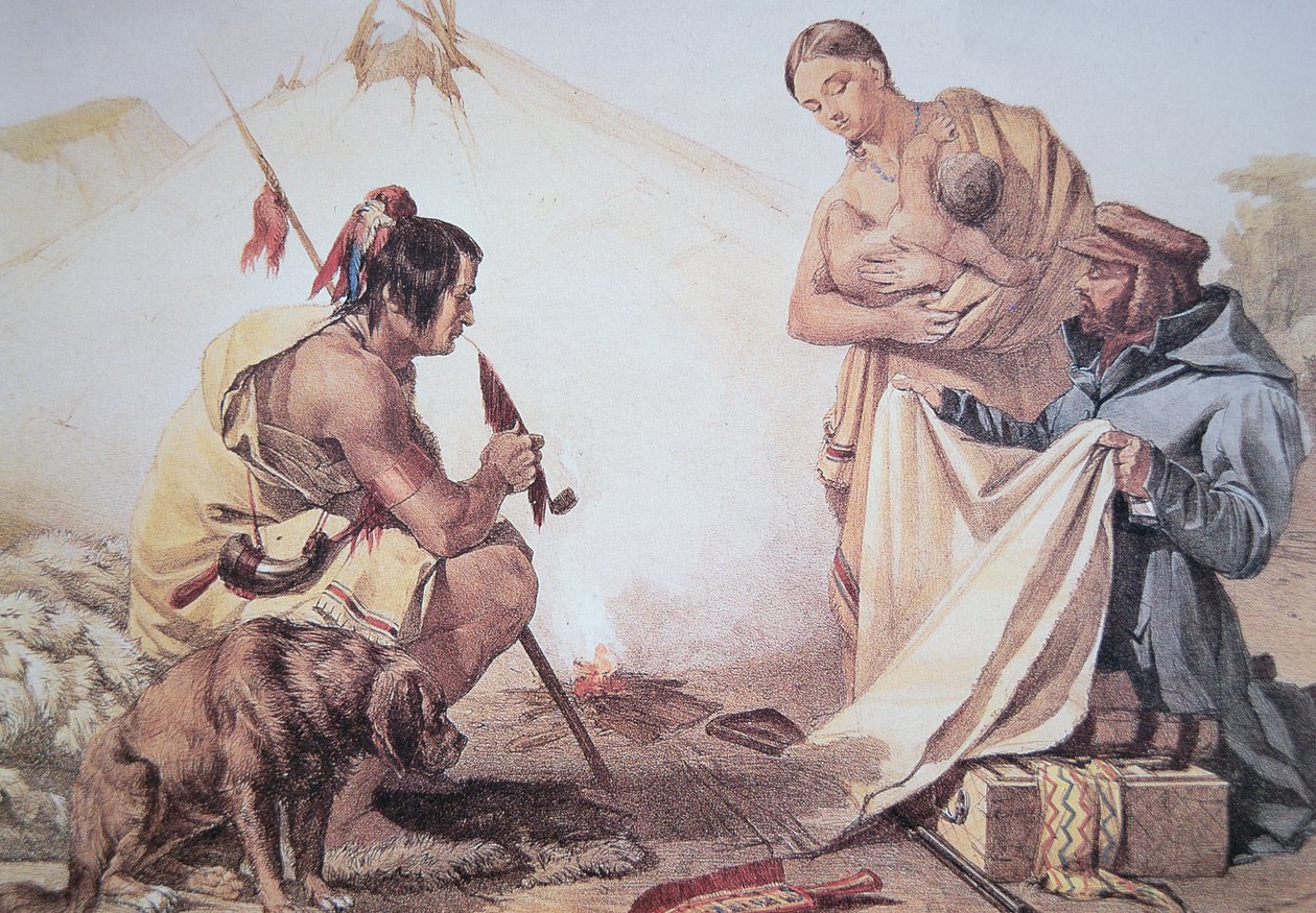 Indianere som handler med pels (farge litho) av American School