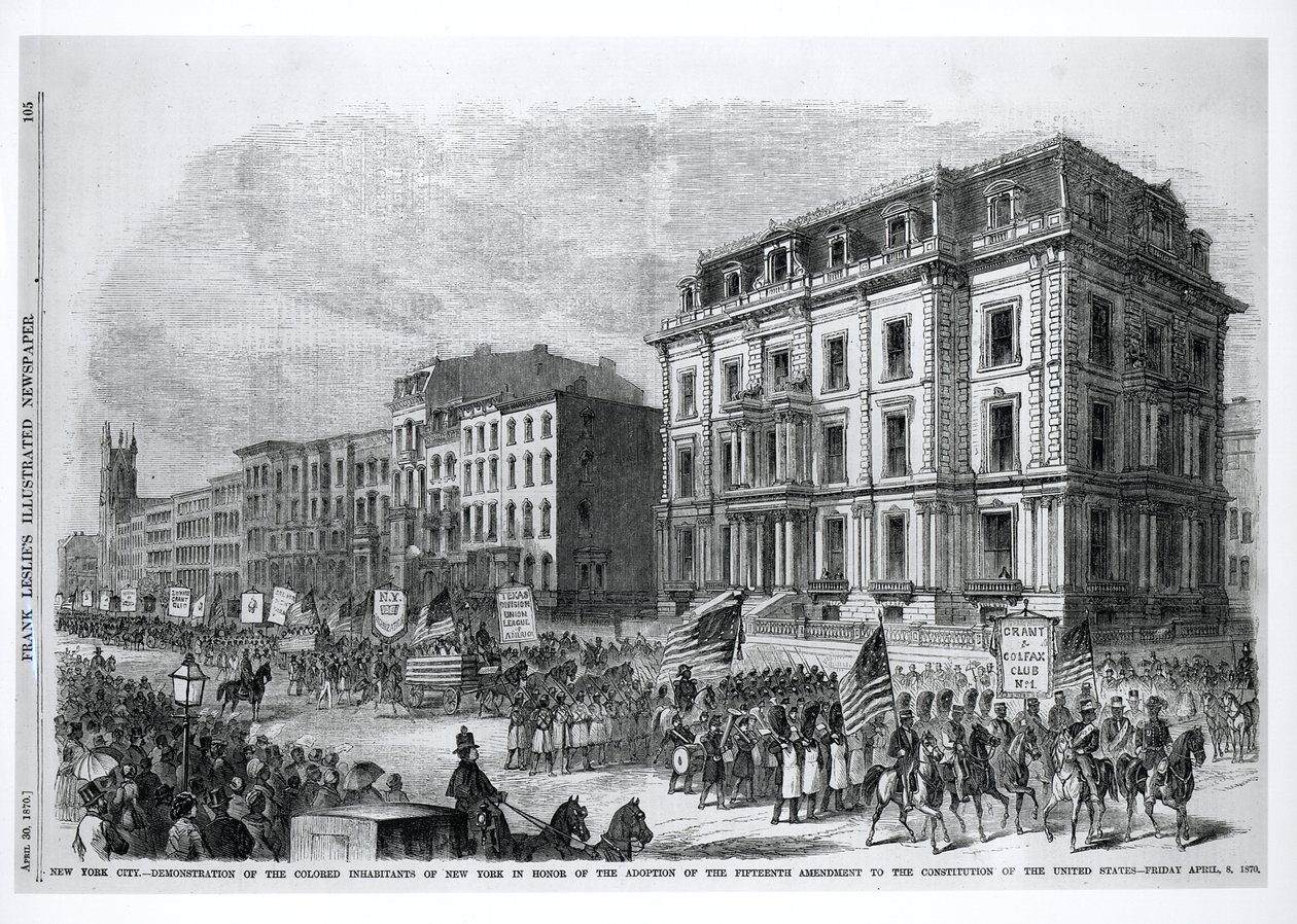 New York City: Demonstrasjon av de fargede innbyggerne i New York til ære for vedtakelsen av det femtende tillegget til grunnloven av USA, 8. april 1870, fra 