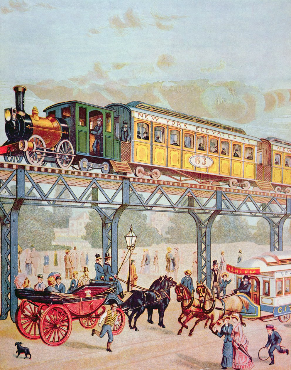 New York Elevated Railway, ca. 1880 (farge litho) av American School