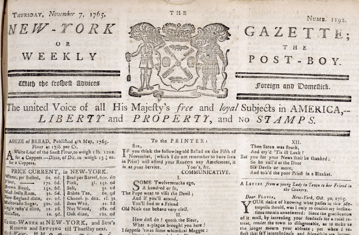 New York Gazette-topp som erklærer sin motstand mot frimerkene, trykt 7. november 1765 (trykk) av American School