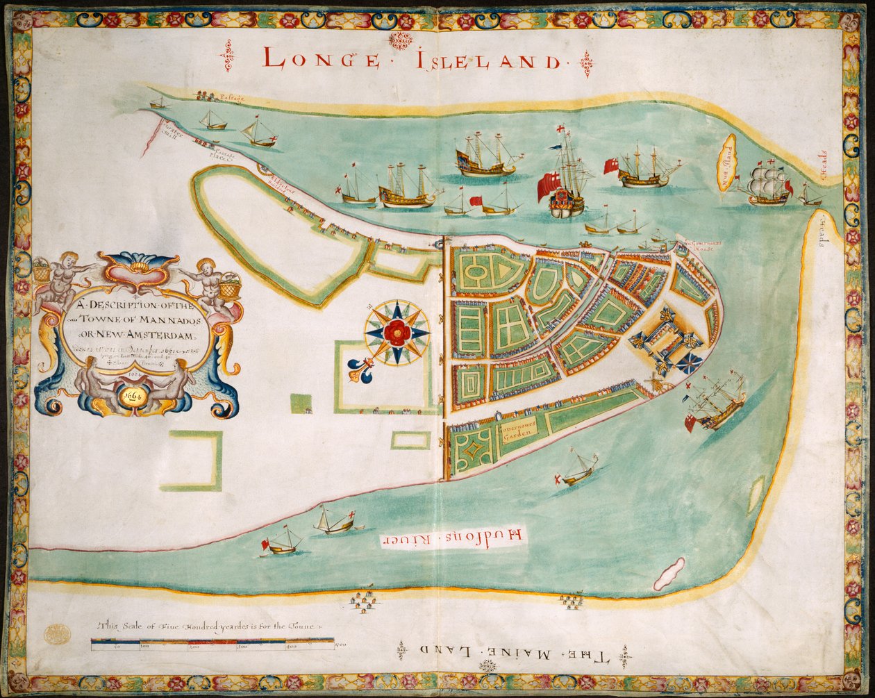 New York: plan for Manhattan, Long Island, Hudson River og New Amsterdam av American School